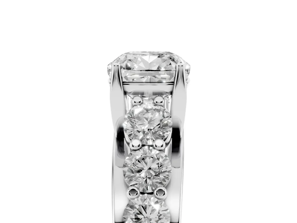 Cushion Cut Diamond Engagement Ring with Pavé Band and Four-Prong Setting Silver