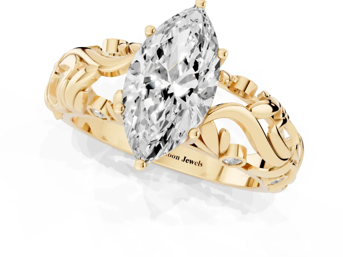 Marquise Cut Solitaire Diamond Leaf-Inspired Vine Band Ring with Prong Setting Yellow gold