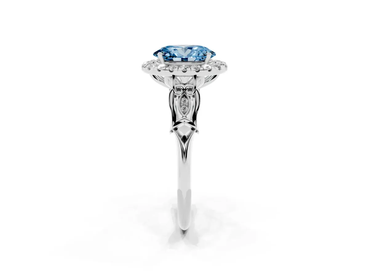Fancy Blue Oval Cut Halo Diamond Engagement Ring with Filigree Band and Four-Prong Setting White gold