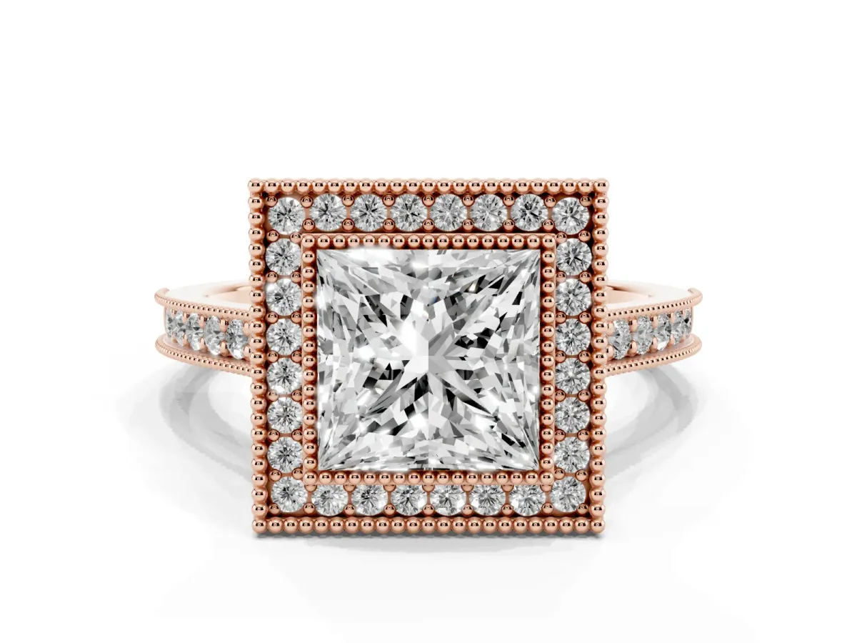 Halo Princess Cut-Cut Diamond Pave Band Milgrain Prong Setting Ring Rose gold