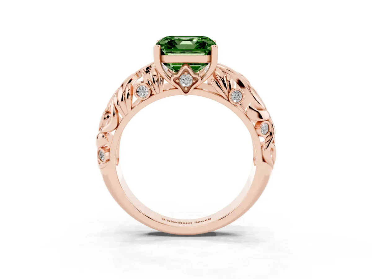 Fancy Green Asscher Cut Solitaire Diamond Leaf-Inspired Vine Band Ring with Prong Setting Rose gold