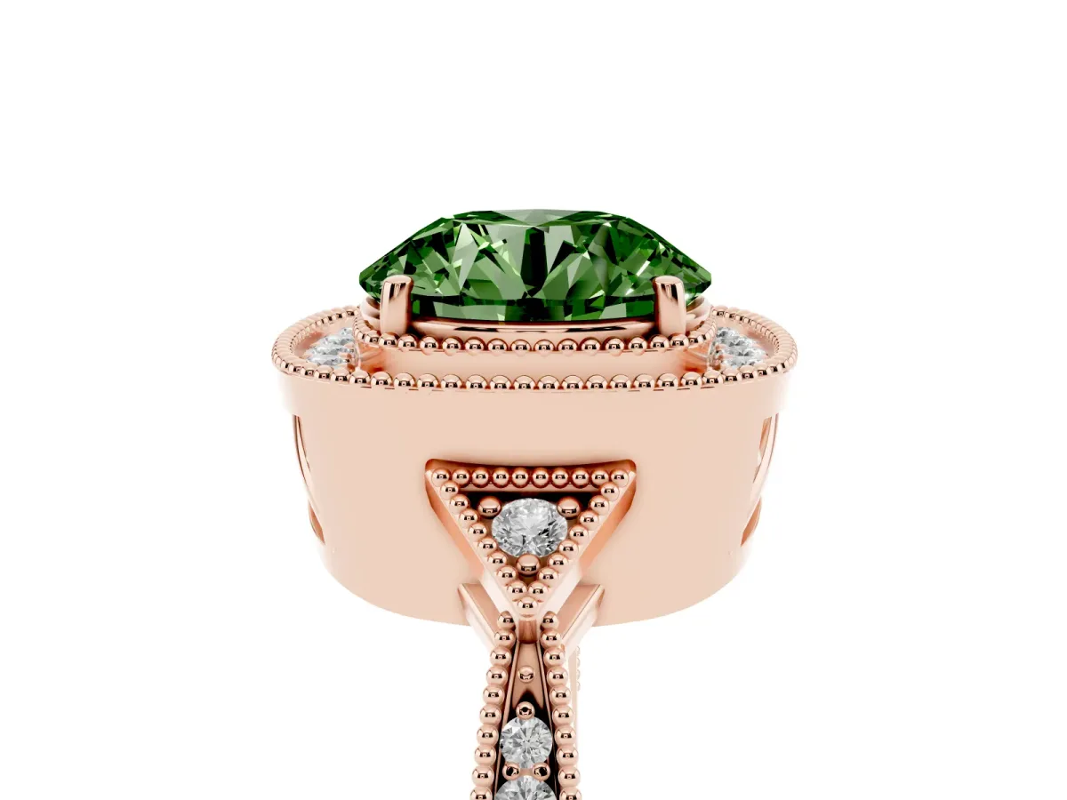 Fancy Green Round Cut Halo Round Diamond Milgrain Pave Engagement Ring Rose gold