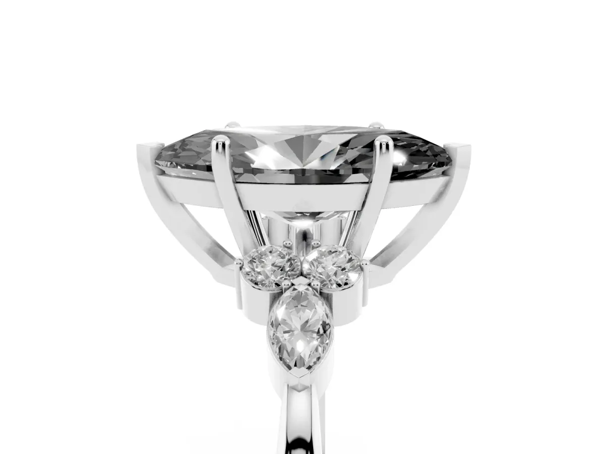 Fancy Black Marquise Cut Brilliant Diamond Solitaire Ring with Pear Side Stones and Four-Prong Setting Silver