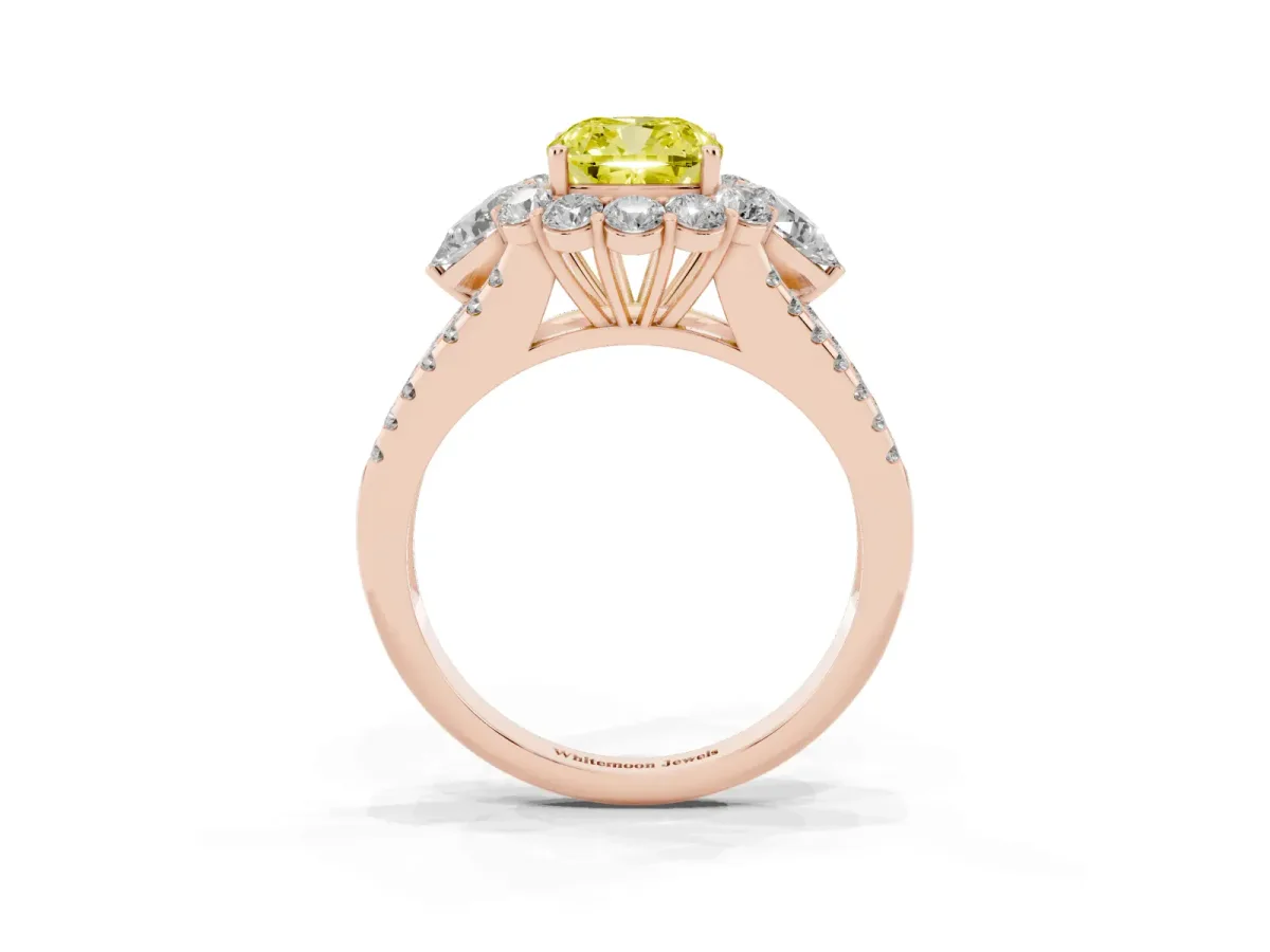 Fancy Yellow Cushion Cut Halo Split Shank Diamond Engagement Ring with Prong Setting Rose gold