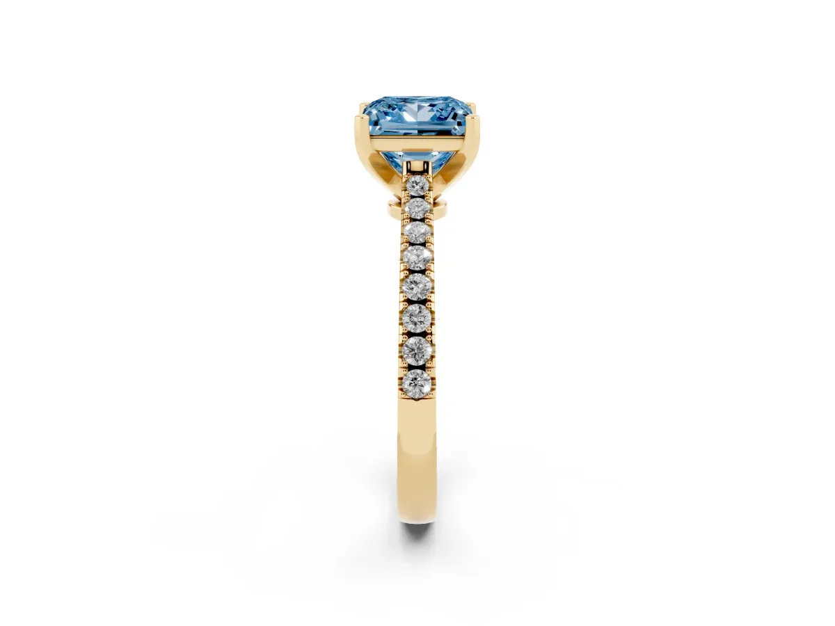 Fancy Blue Princess Cut Cut Solitaire Diamond Engagement Ring with Pave Band and Four-Prong Setting Yellow gold