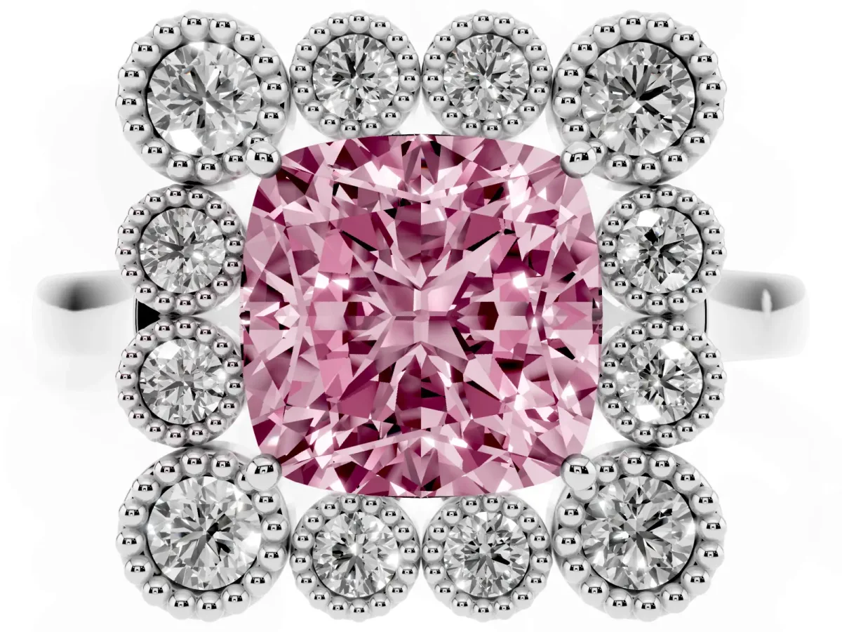 Fancy Pink Cushion Cut Halo Diamond Cluster Engagement Ring with Milgrain Bezel Setting and Solitaire Band Platinum