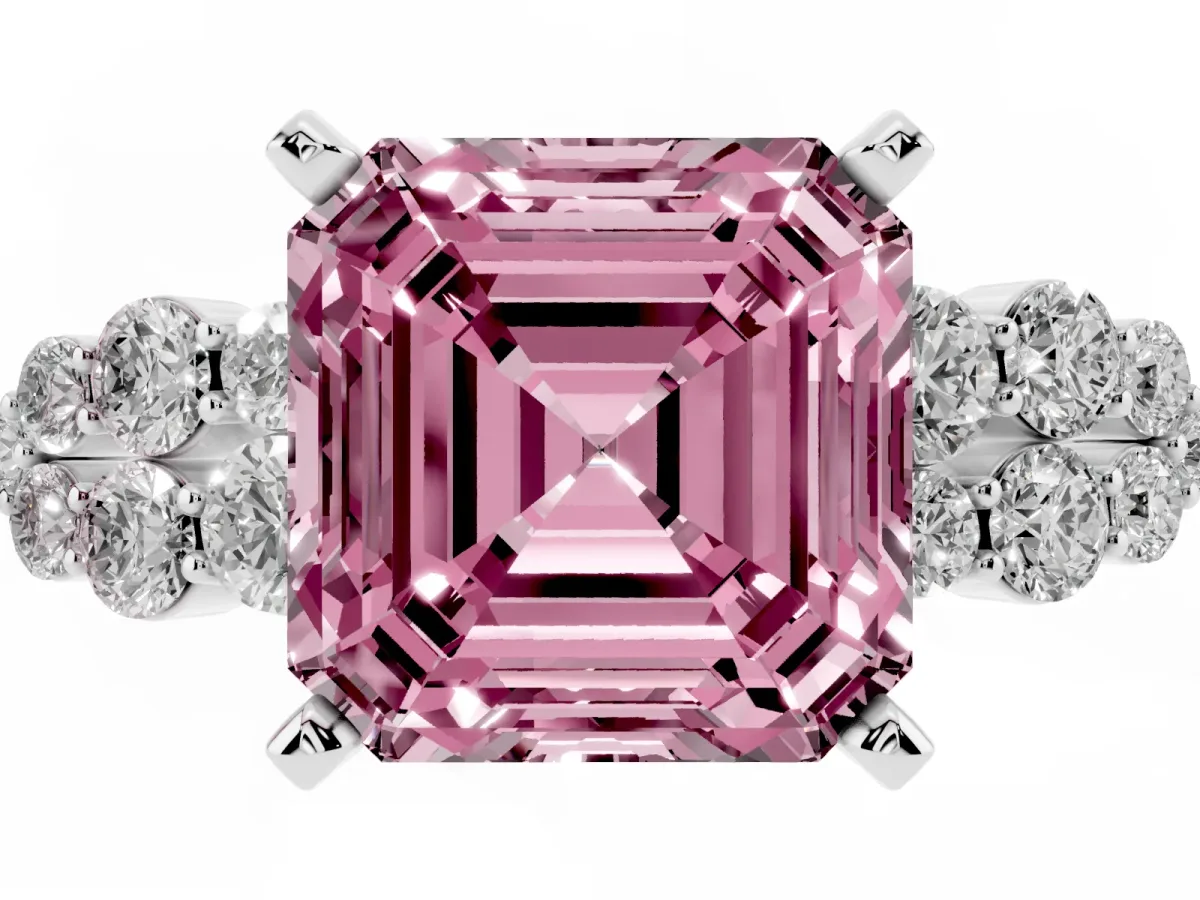 Fancy Pink Asscher Cut Cluster Diamond Engagement Ring with Pavé Band and Four-Prong Setting Silver