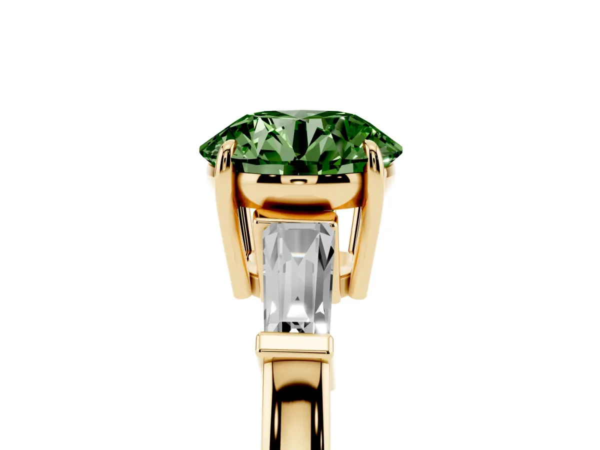 Fancy Green Round Cut Diamond Three-Stone Ring with Tapered Baguette Side Stones and Prong Setting Yellow gold