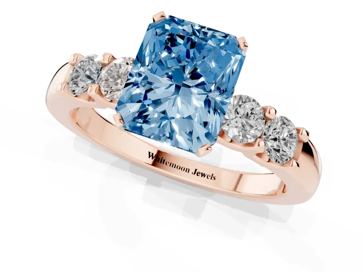 Fancy Blue Radiant Cut Brilliant Cut Diamond Five-Stone Prong Set Engagement Ring with Channel Band Rose gold