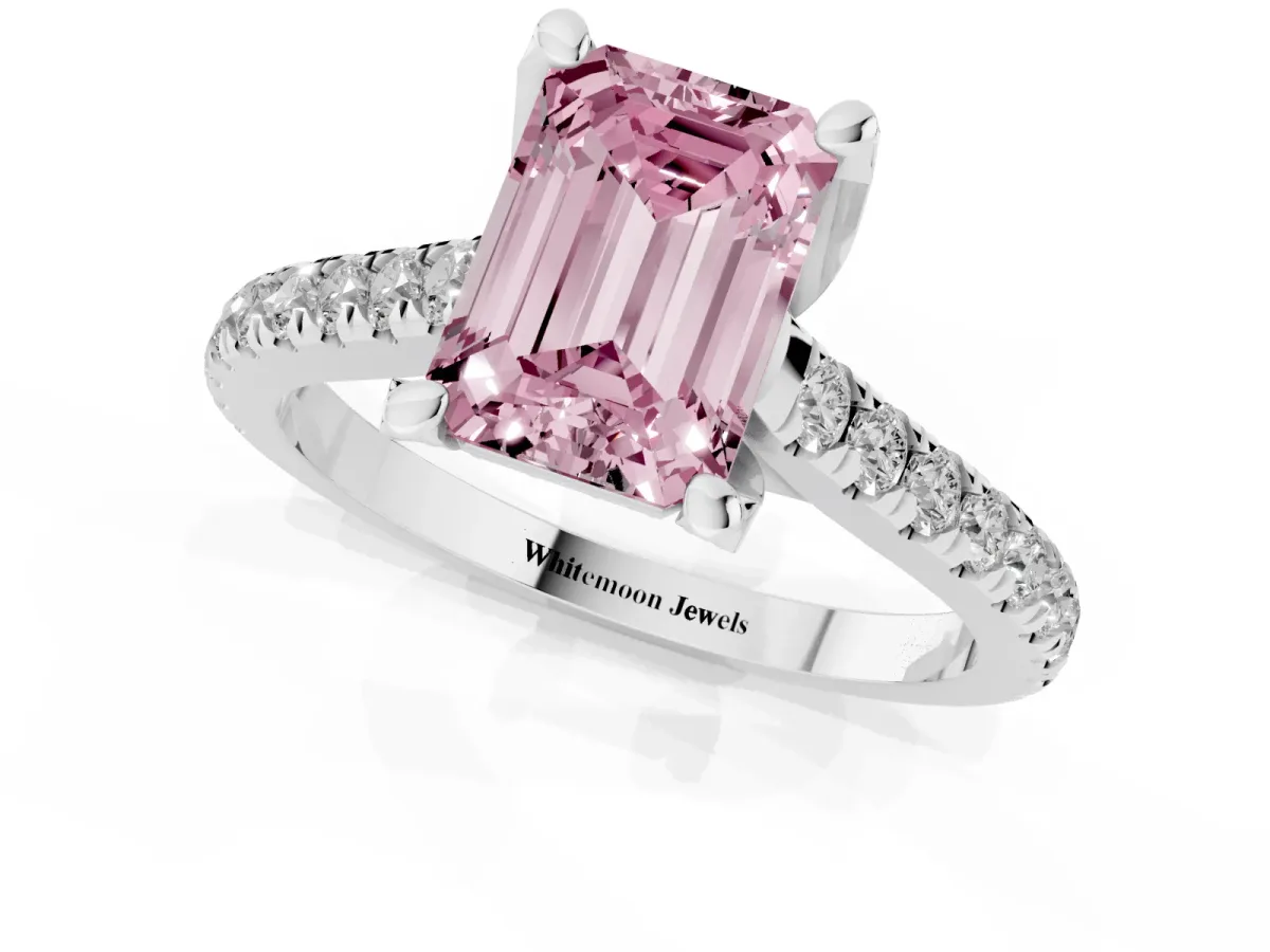 Fancy Pink Emerald Cut Brilliant Diamond Solitaire with Pavé Band and Four-Prong Setting White gold