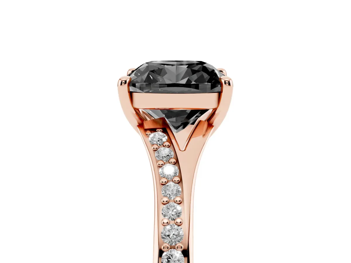 Fancy Black Cushion Cut Diamond Solitaire Ring with Pavé Band and Prong Setting Rose gold