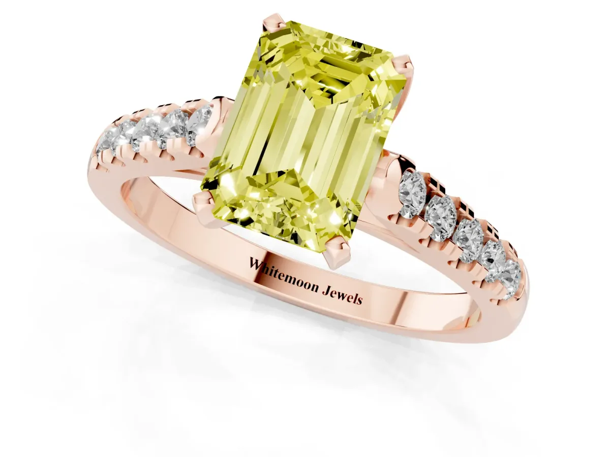 Fancy Yellow Emerald Cut Diamond Pavé Band Solitaire Ring with Prong Setting Rose gold