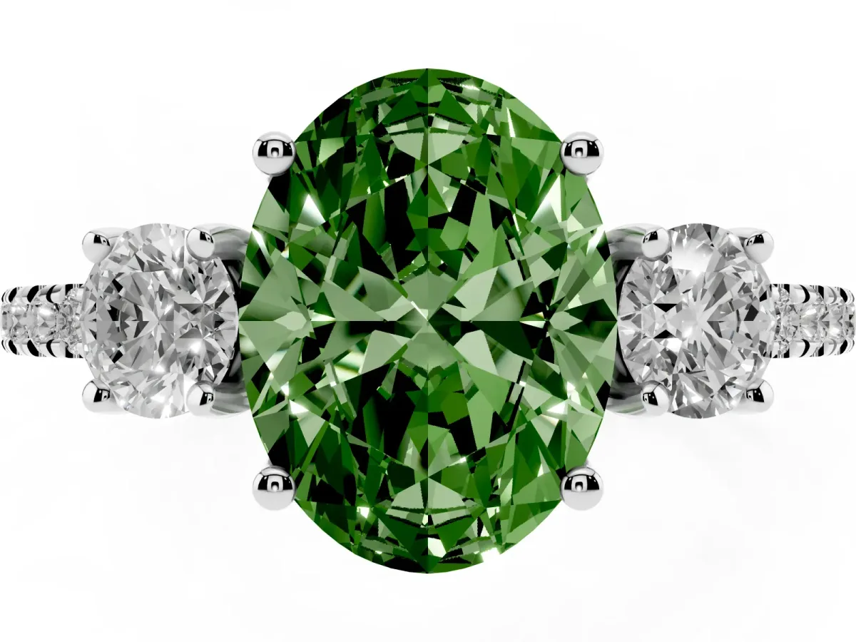 Fancy Green Three-Stone Oval Cut Cut Diamond Pavé Band with Prong Setting Silver