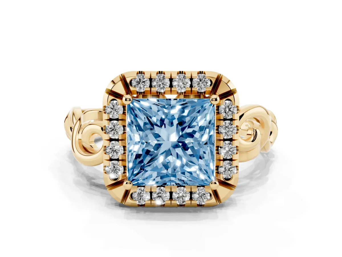 Fancy Blue Princess Cut Cut Halo Diamond Ring with Scrollwork Band and Four-Prong Setting Yellow gold