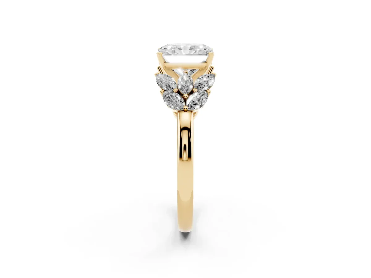 Radiant Cut Diamond Cluster Leaf Design Ring with Prong Setting Yellow gold