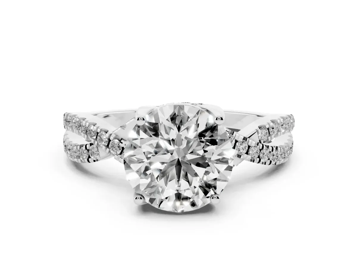 Round Cut Solitaire Twist Pave Diamond Engagement Ring with Prong Setting Silver