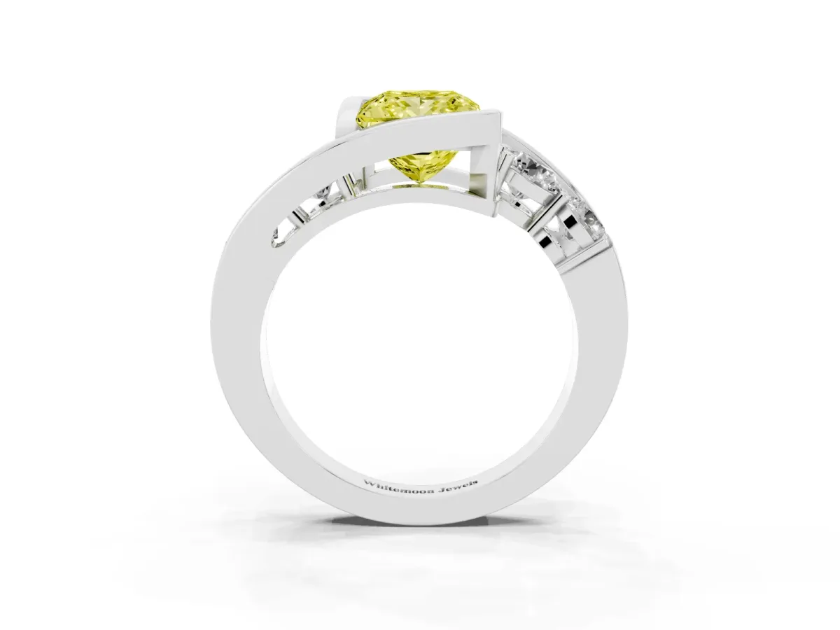 Fancy Yellow Bezel Set Princess Cut Diamond Bypass Ring with Round Accents Silver