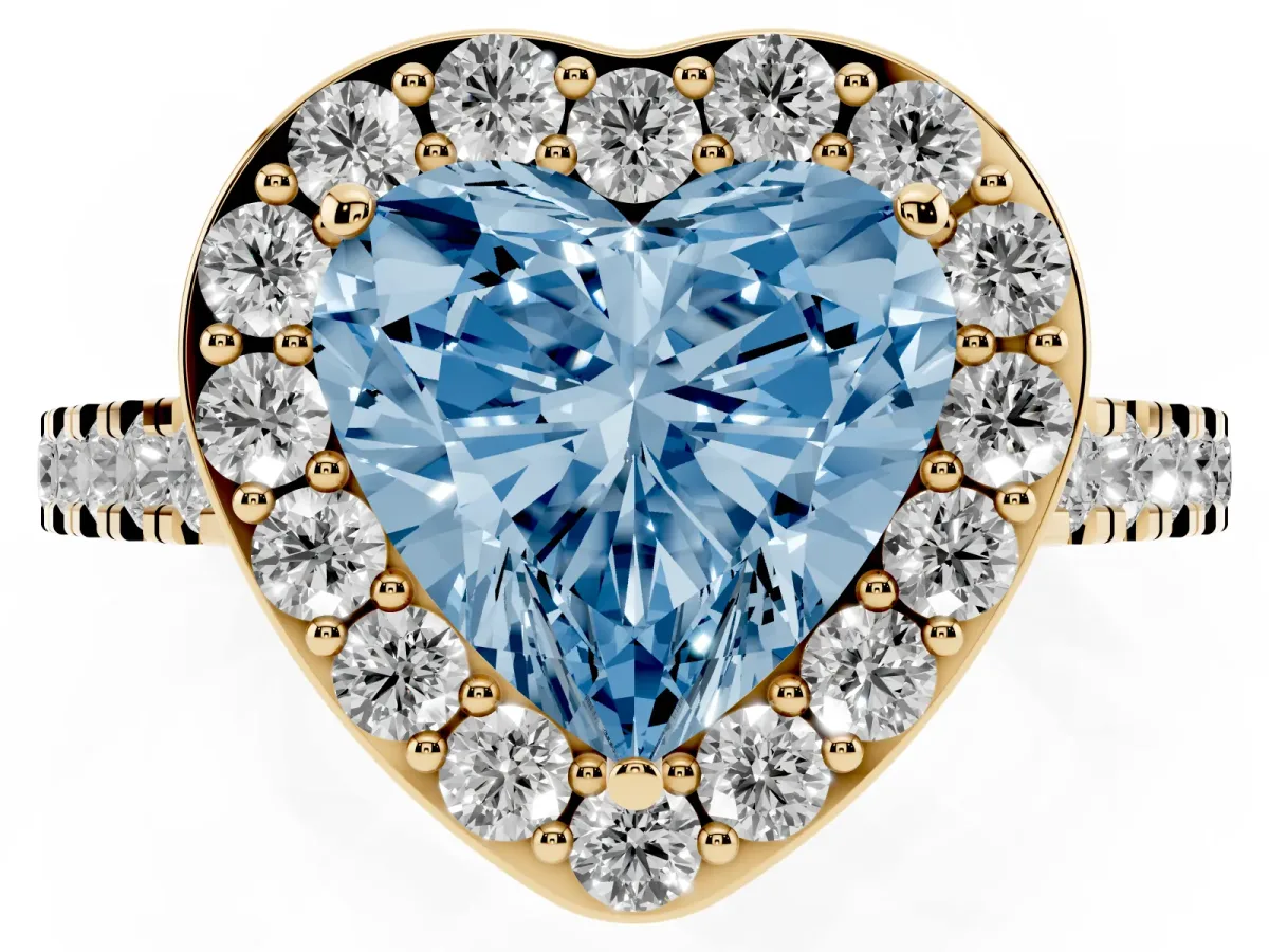 Fancy Blue Heart Cut Diamond Halo Ring with Round Pavé Split Shank and Prong Setting Yellow gold