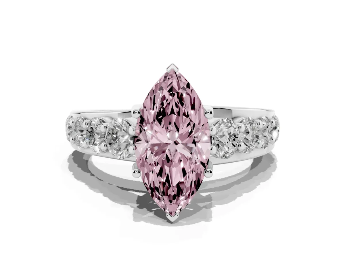 Fancy Pink Marquise Cut Diamond Engagement Ring with Pavé Band and Four-Prong Setting Silver