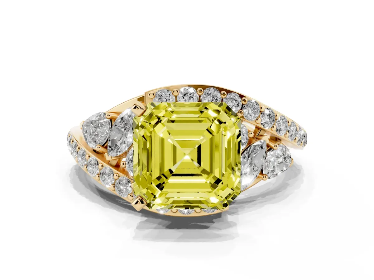 Fancy Yellow Asscher Cut Diamond Halo Ring with Marquise and Pavé Band in Prong Setting Yellow gold