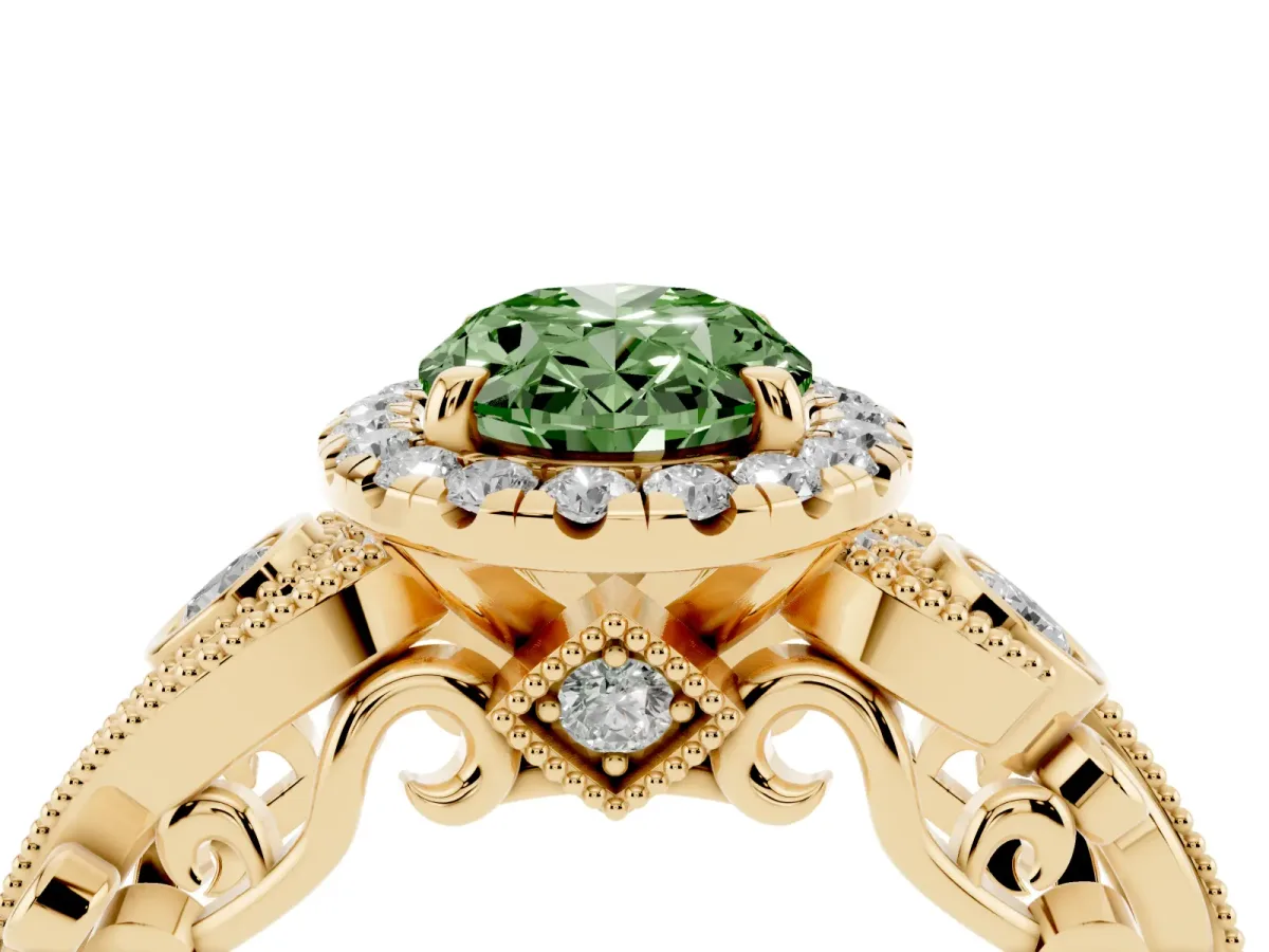 Fancy Green Oval Cut Halo Diamond Ring with Milgrain and Bezel Accents on a Split Shank Band Yellow gold