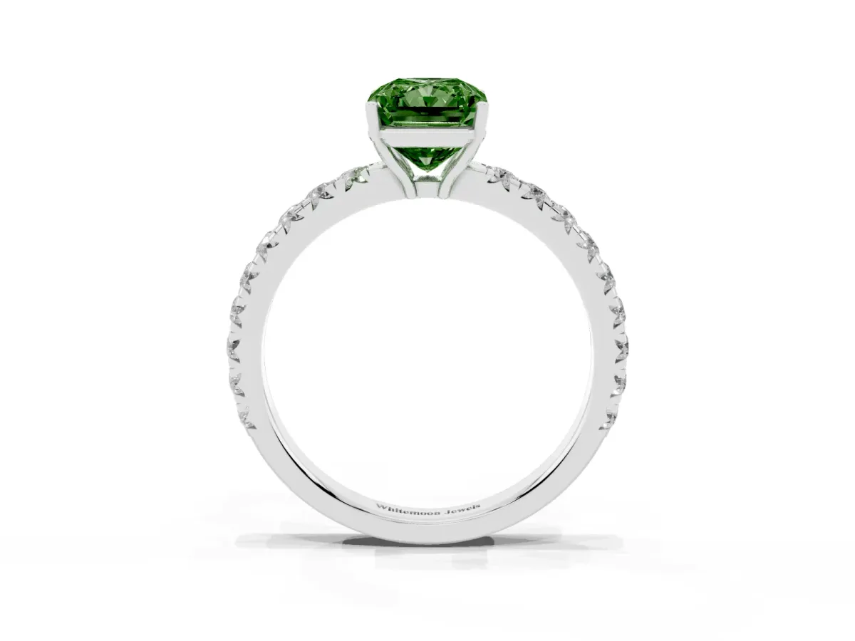 Fancy Green Radiant Cut Diamond Pavé Solitaire Engagement Ring with Four-Prong Setting Silver