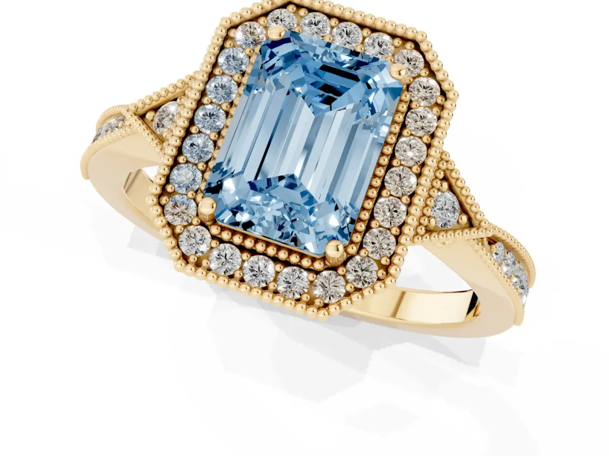 Fancy Blue Emerald Cut Halo Round Diamond Milgrain Pave Engagement Ring Yellow gold