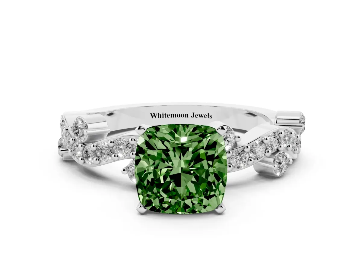 Fancy Green Cushion Cut Cut Solitaire Diamond Twisted Band with Pave Setting Silver