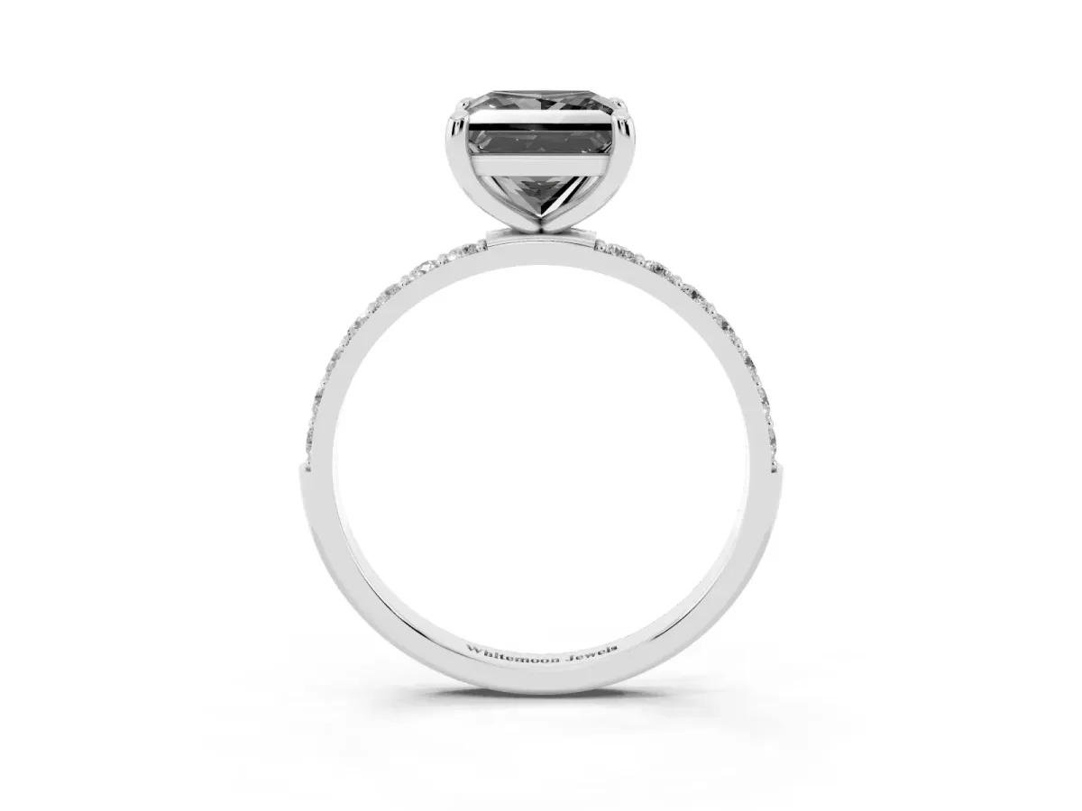 Fancy Black Princess Cut Diamond Solitaire Ring with Round Pavé Band and Prong Setting Silver