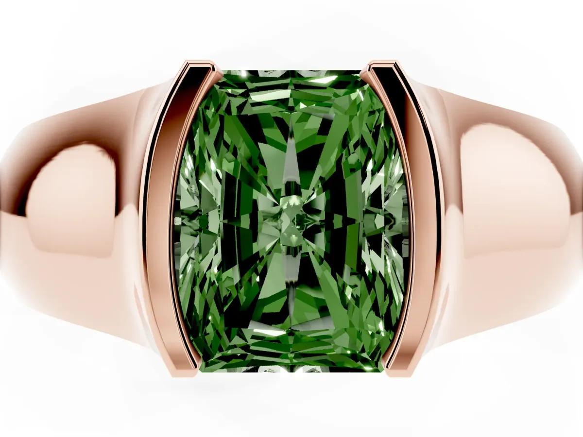 Fancy Green Radiant Cut Solitaire Bezel Set Diamond Ring with Wide Band Rose gold