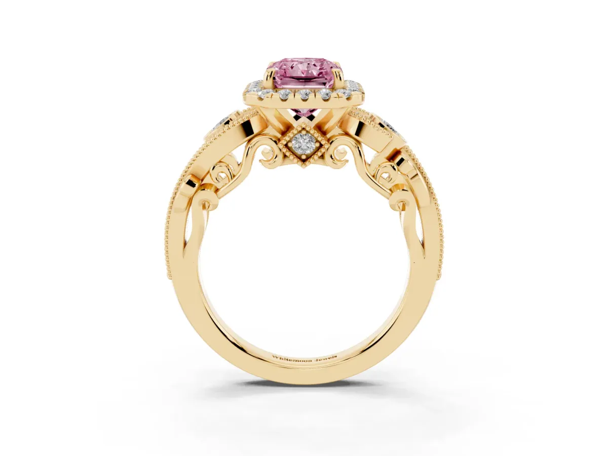 Fancy Pink Radiant Cut Halo Diamond Ring with Milgrain and Bezel Accents on a Split Shank Band Yellow gold