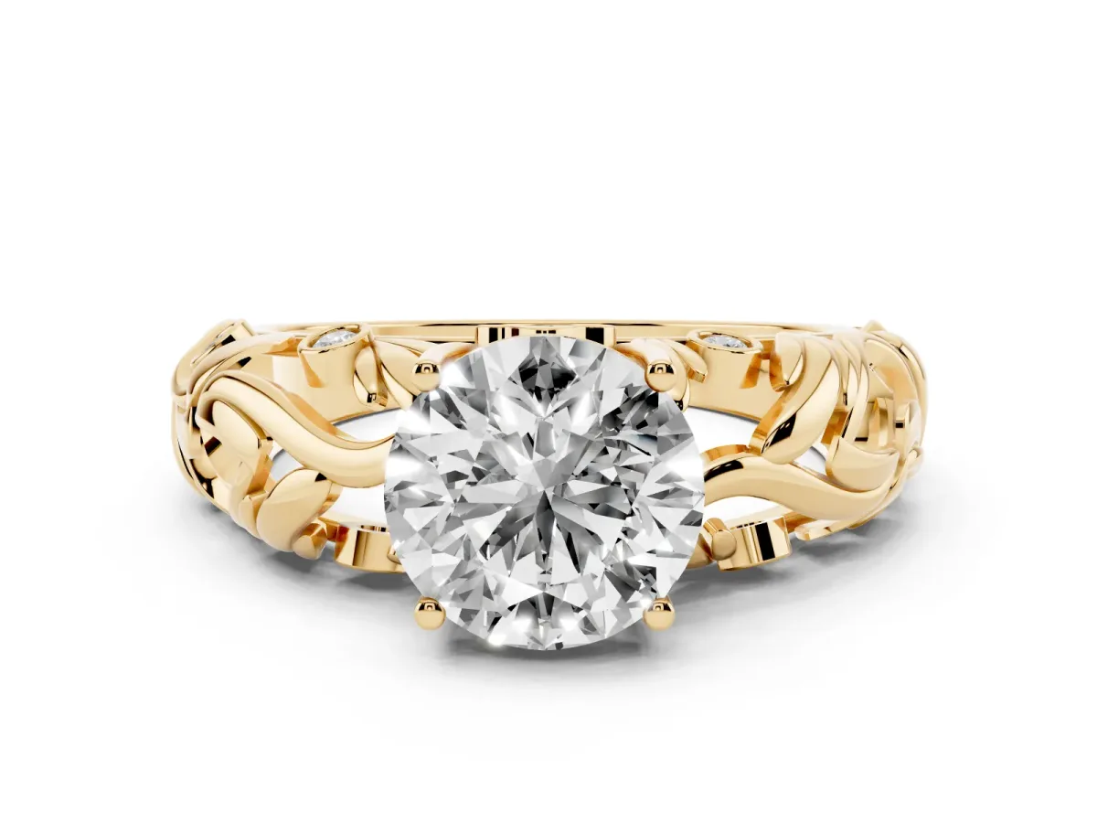 Round Cut Solitaire Diamond Leaf-Inspired Vine Band Ring with Prong Setting Yellow gold