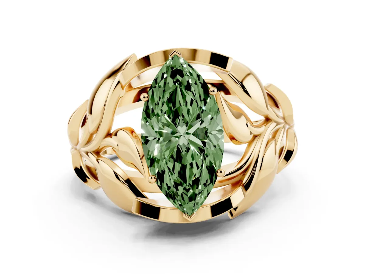 Fancy Green Marquise Cut Diamond Leaf-Inspired Engagement Ring with Round Accents and Prong Setting Yellow gold
