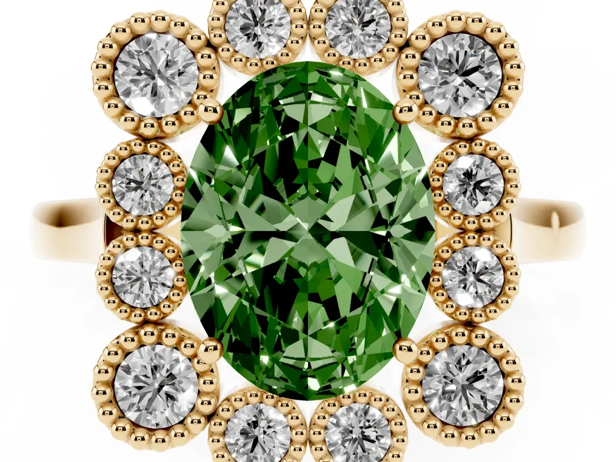 Fancy Green Oval Cut Halo Diamond Cluster Engagement Ring with Milgrain Bezel Setting and Solitaire Band Yellow gold