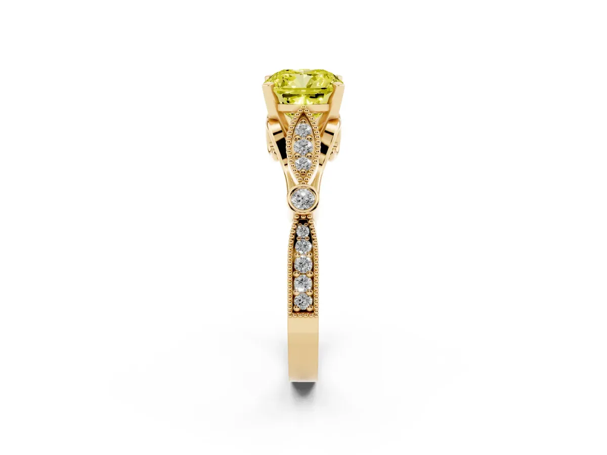 Fancy Yellow Cushion Cut Cut Diamond with Milgrain Marquise and Bezel Accents on a Solitaire Band with Prong Setting Yellow gold