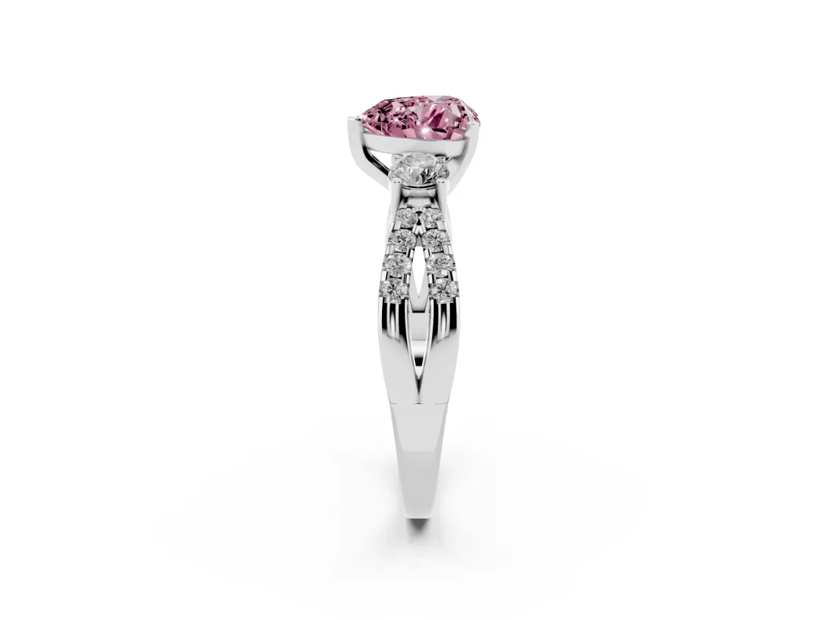 Fancy Pink Heart Cut Diamond Three-Stone Ring with Pavé Split Shank and Four-Prong Setting Platinum
