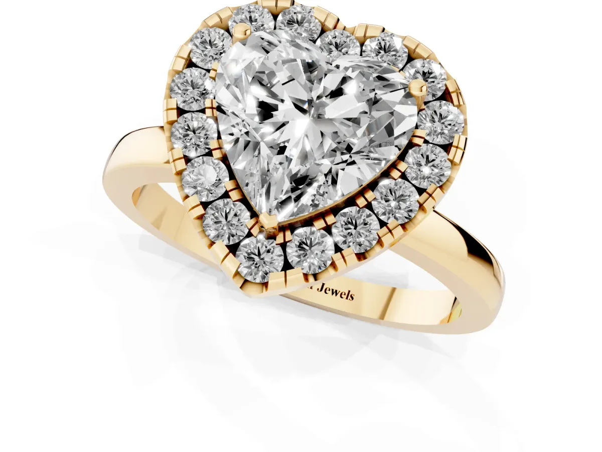 Heart Cut Halo Diamond Solitaire with Pavé Band and Four-Prong Setting Yellow gold