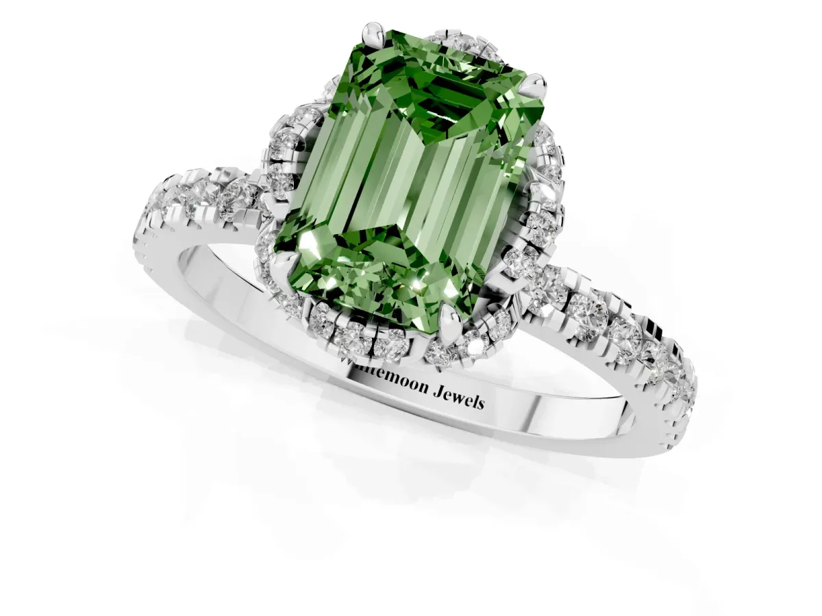 Fancy Green Emerald Cut Diamond Halo Pave Band with Four-Prong Setting Silver