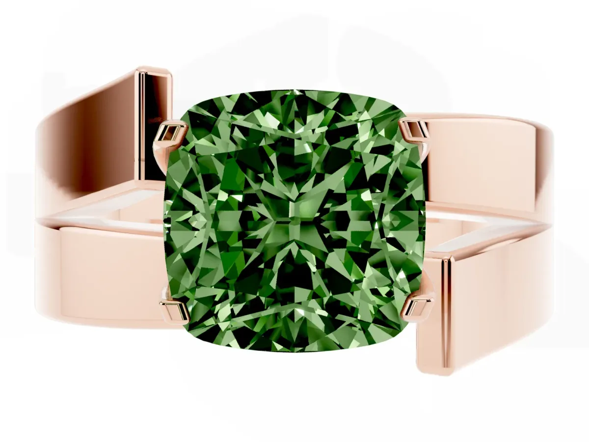 Fancy Green Modern Tension Set Cushion Cut Diamond Solitaire Wide Band Ring Rose gold