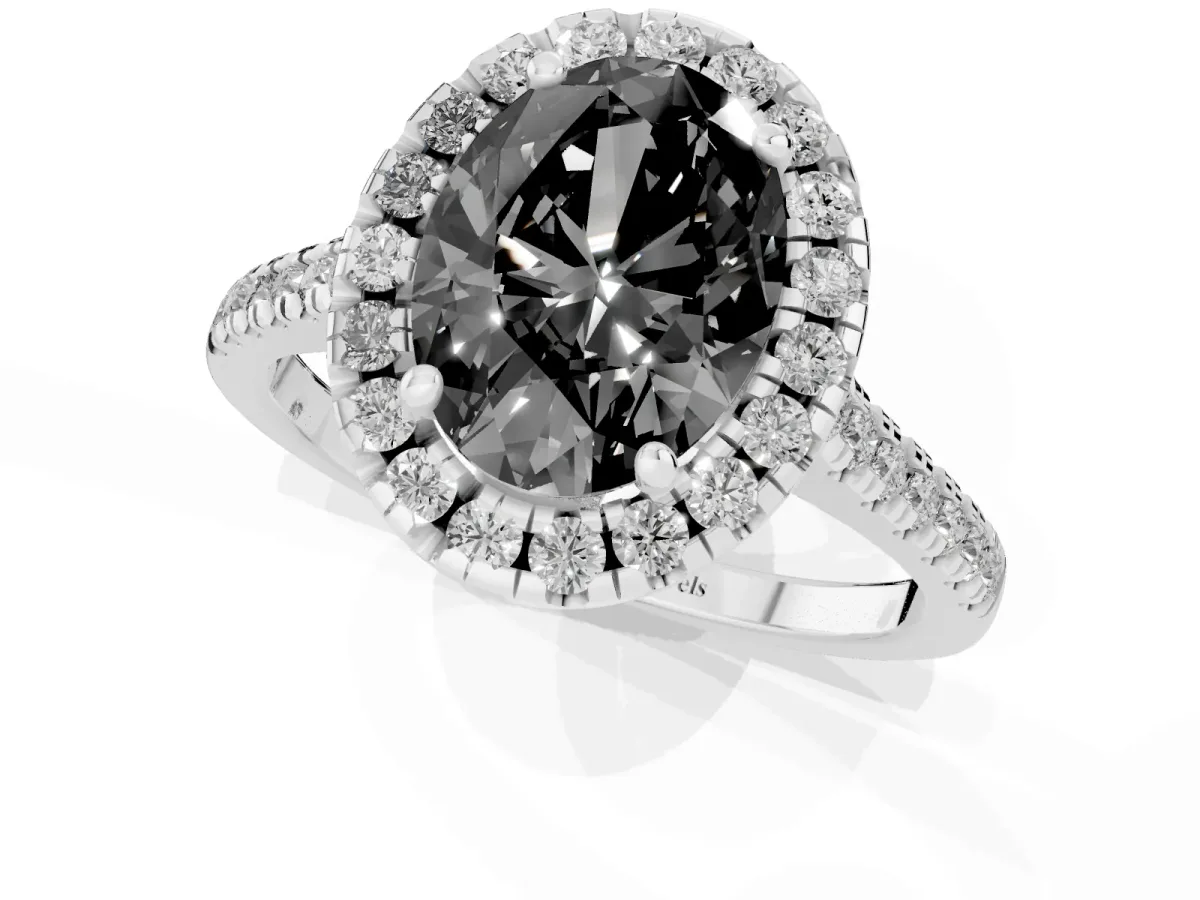 Fancy Black Oval Cut Diamond Cushion Halo Ring with Pavé Band Silver