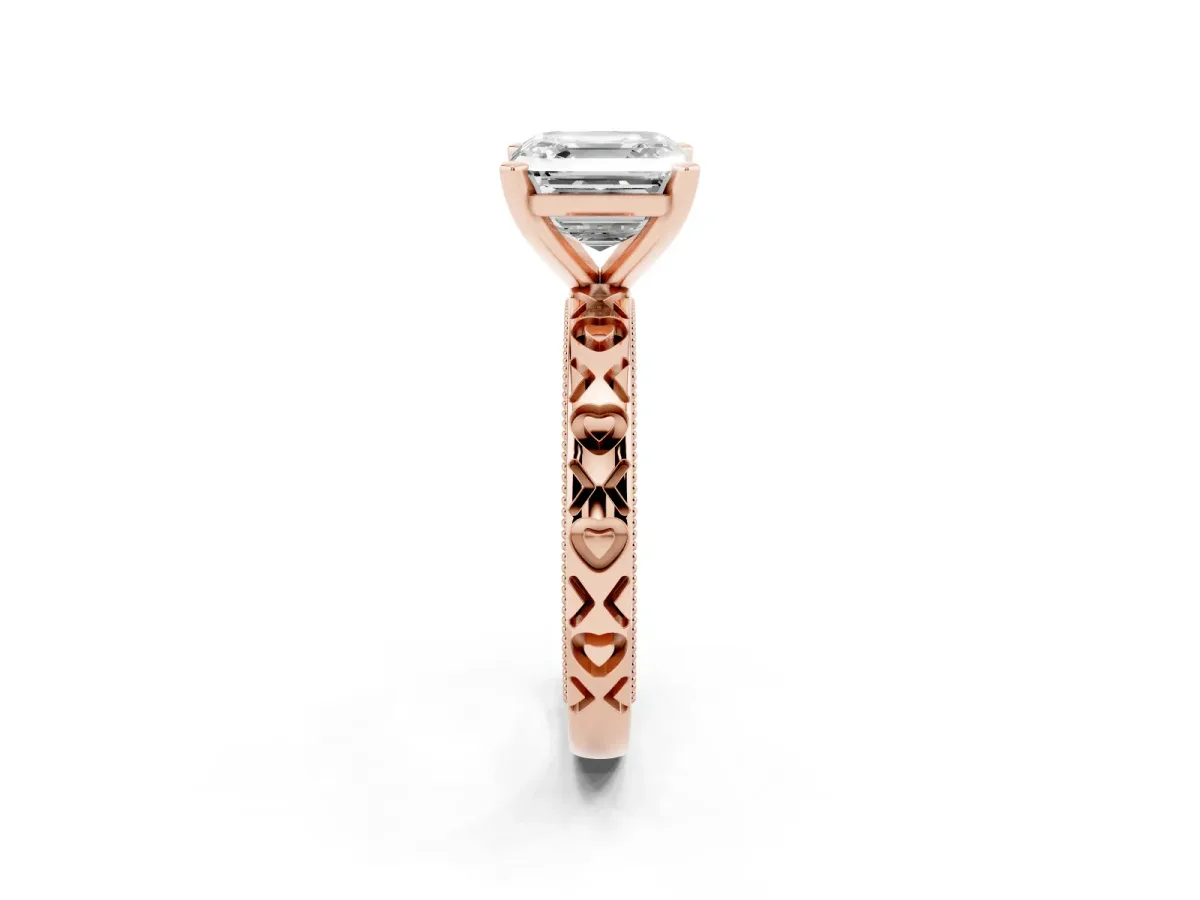 Asscher Cut Solitaire Diamond Engagement Ring with XO Engraved Band and Four-Prong Setting Rose gold