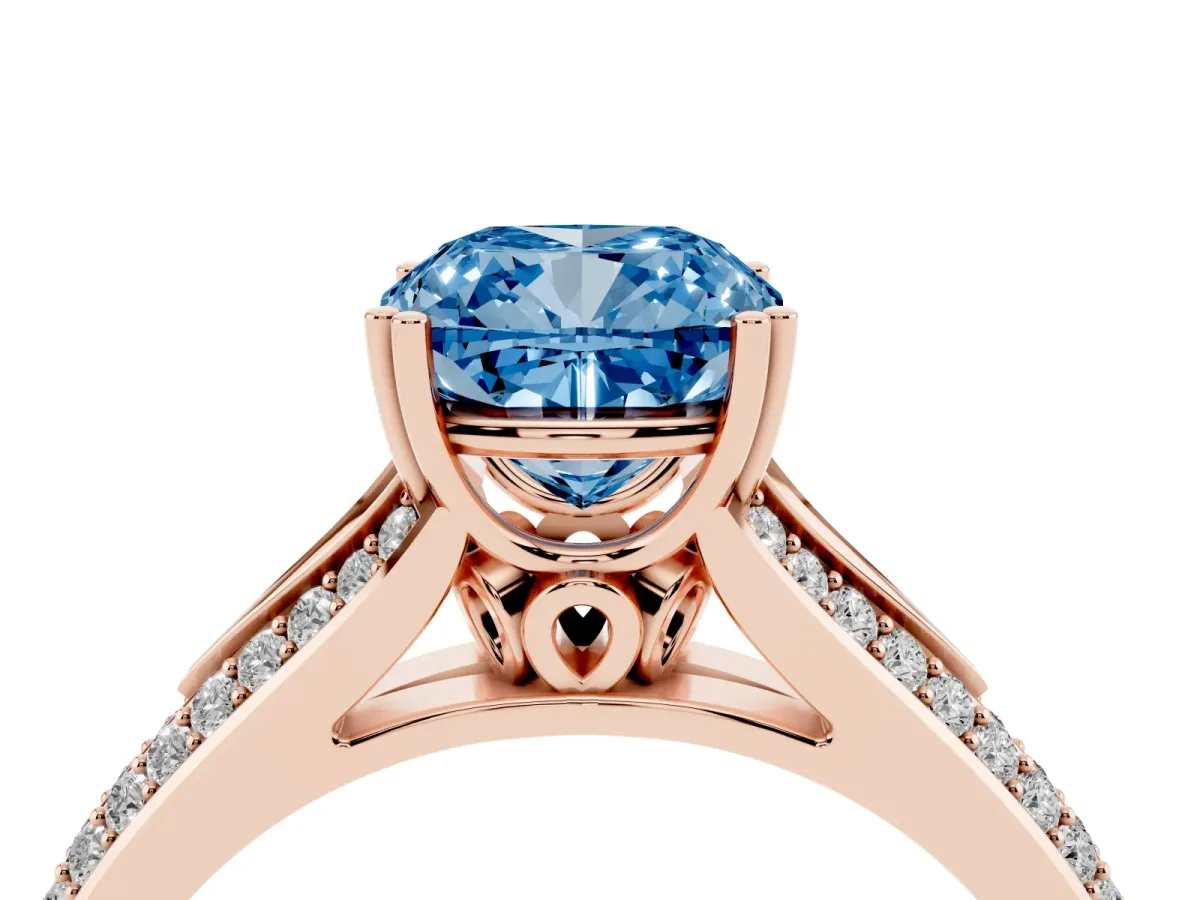 Fancy Blue Cushion Cut Diamond Split Shank Engagement Ring with Pavé Band Rose gold
