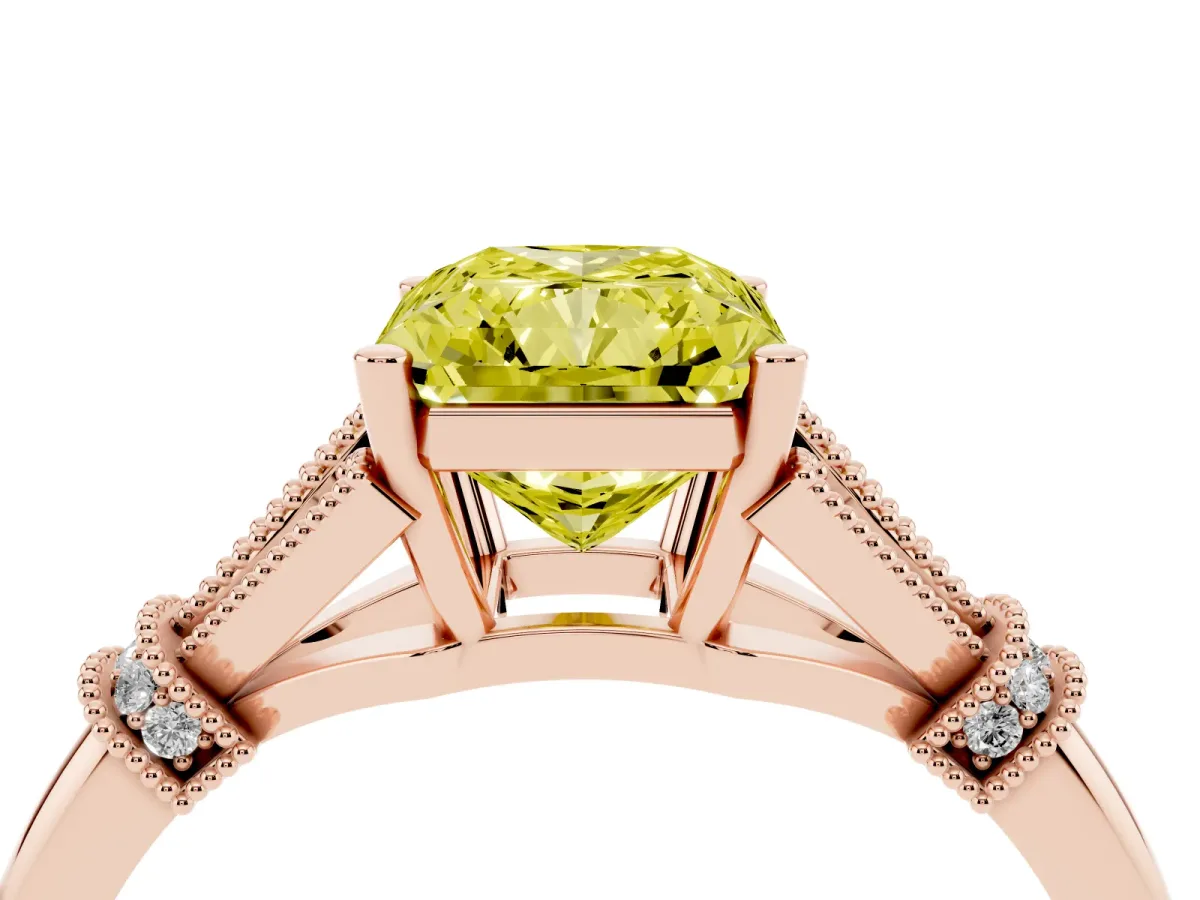 Fancy Yellow Radiant Cut Diamond Solitaire Ring with Floral Filigree and Pave Accents Rose gold