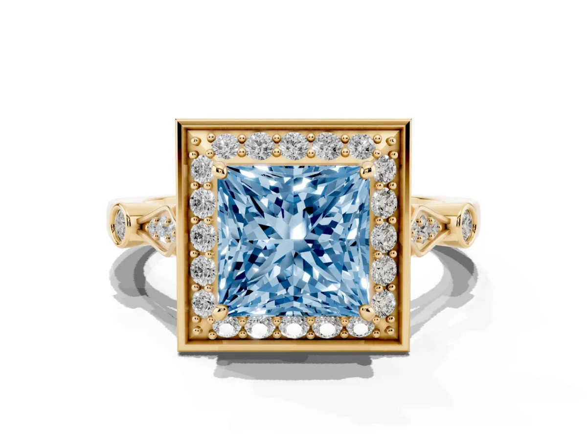 Fancy Blue Princess Cut Halo Diamond Engagement Ring with Twisted Band and Four-Prong Setting Yellow gold