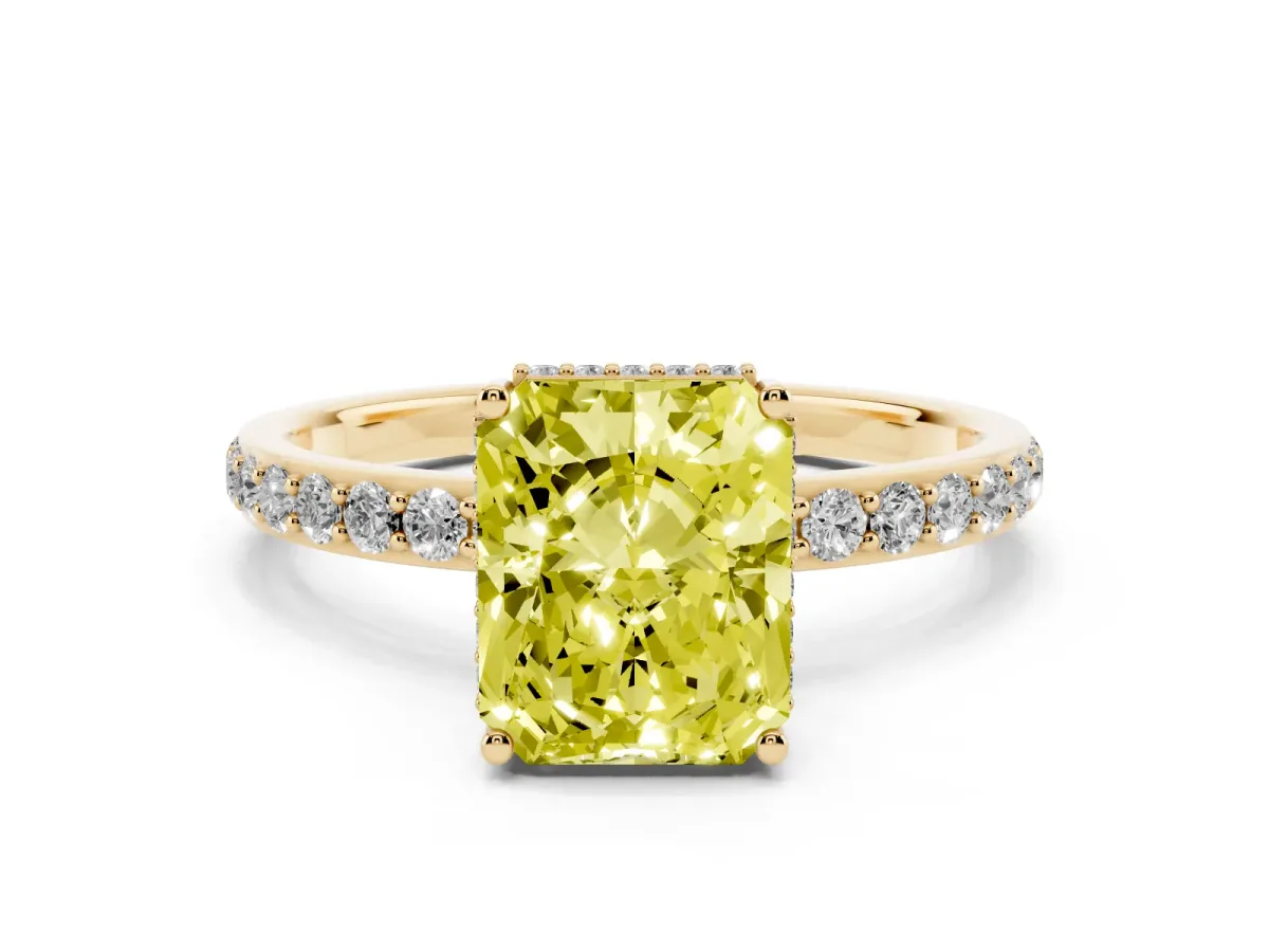 Fancy Yellow Radiant Cut Diamond Solitaire Ring with Pavé Band and Hidden Halo Yellow gold