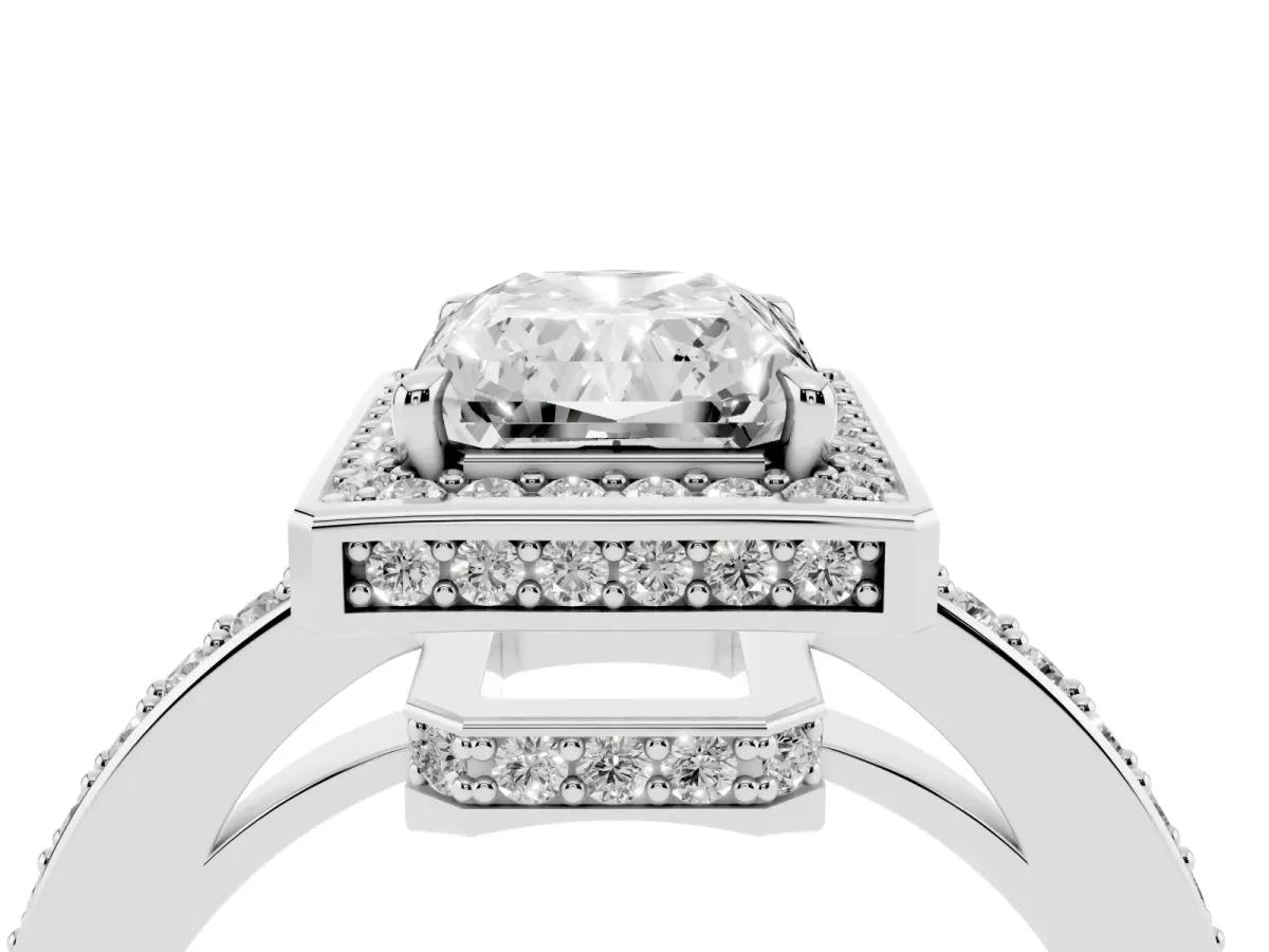 Radiant Cut Halo Pave Band Solitaire Ring with Prong Setting Silver