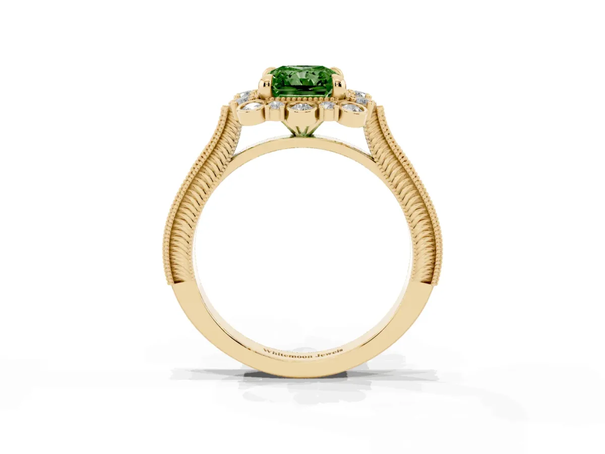 Fancy Green Radiant Cut Halo Milgrain Pave Diamond Ring with Four-Prong Setting Yellow gold