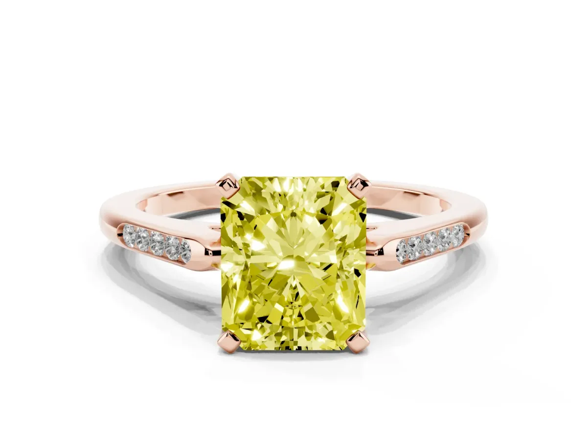 Fancy Yellow Radiant Cut Diamond Solitaire Ring with Channel Set Round Band and Prong Setting Rose gold