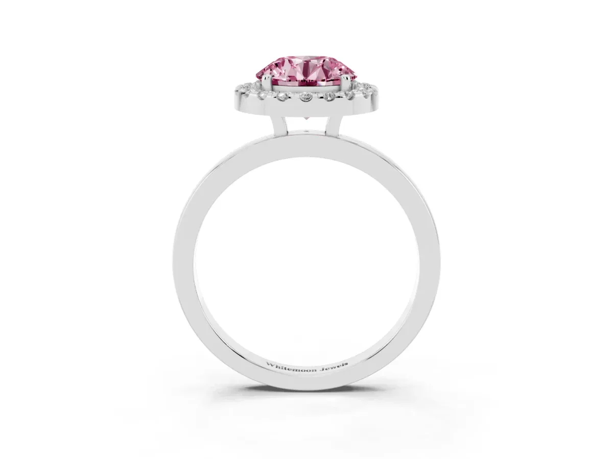 Fancy Pink Round Cut Halo Diamond Solitaire with Pavé Band and Four-Prong Setting Silver