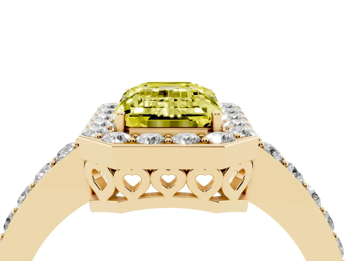 Fancy Yellow Emerald Cut Halo Diamond Pavé Band Ring with Prong Setting Yellow gold